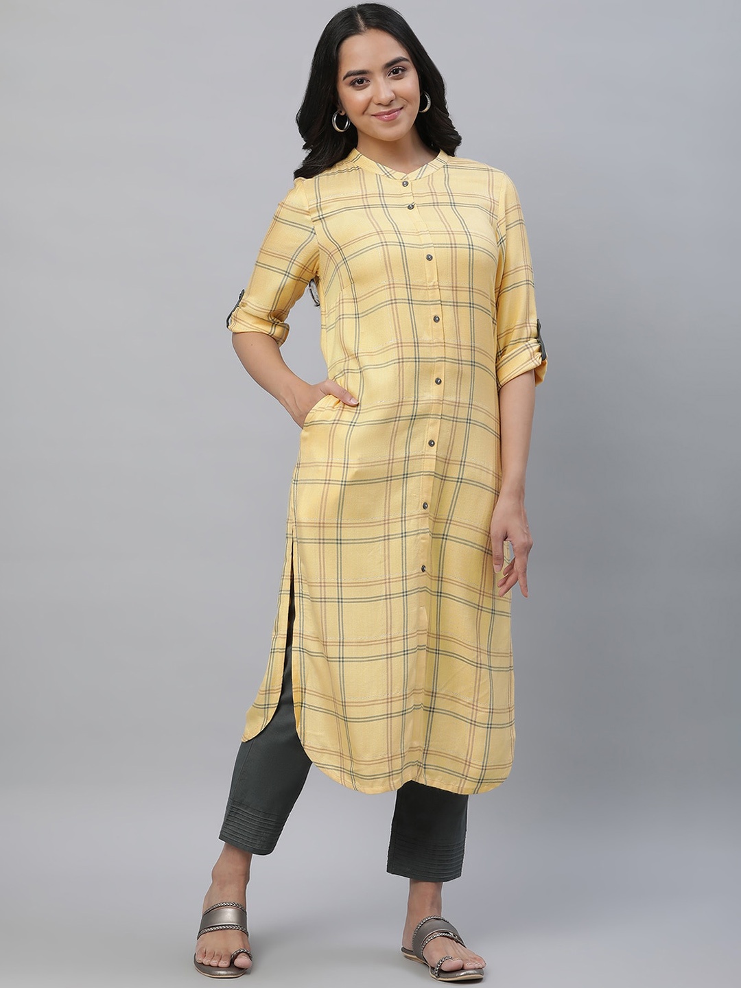 

AURELIA Checked Band Collar Regular Kurta With Trousers, Yellow