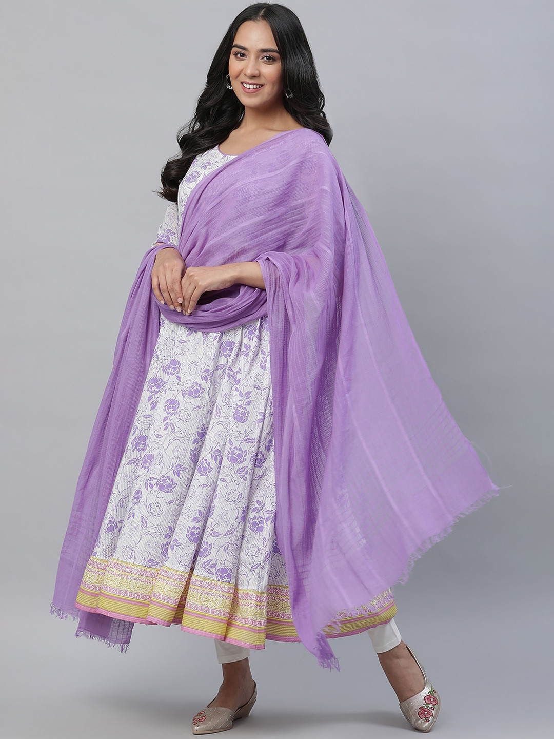

AURELIA Floral Printed Anarkali Pure Cotton Kurta With Trousers & Dupatta, White