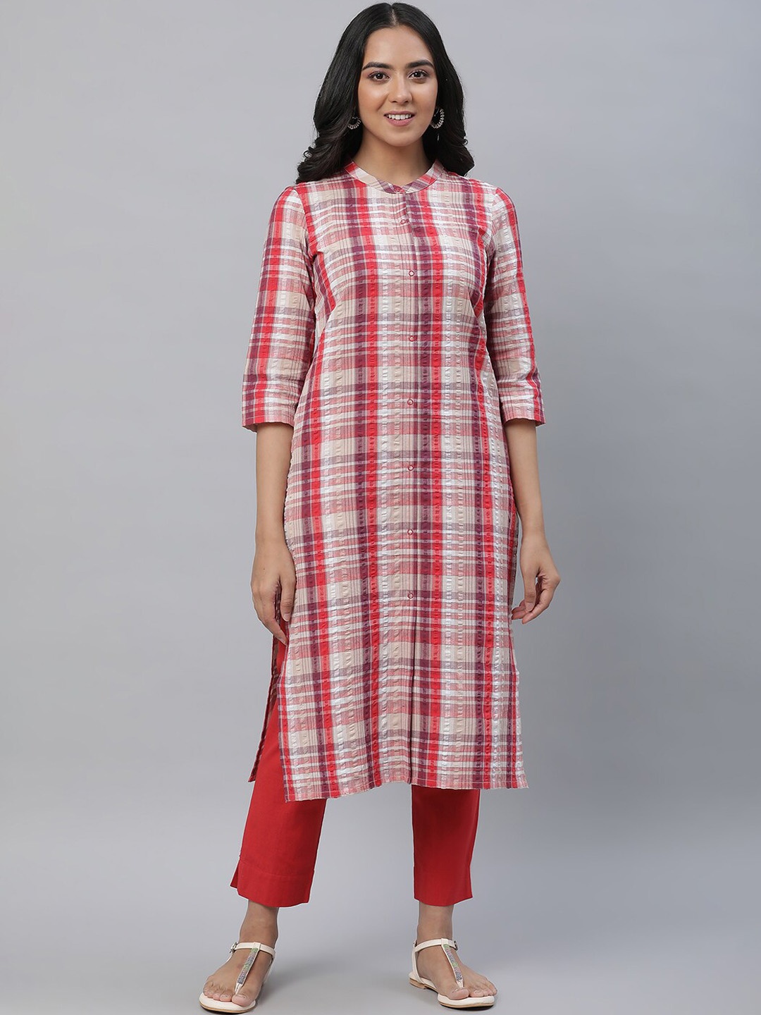 

AURELIA Checked Band Collar Pure Cotton Straight Kurta With Trouser, Red