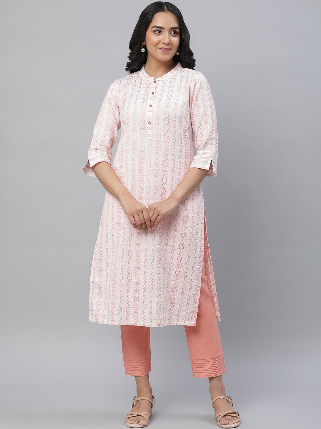 

AURELIA Striped Band Collar Regular Kurta With Trousers, Coral