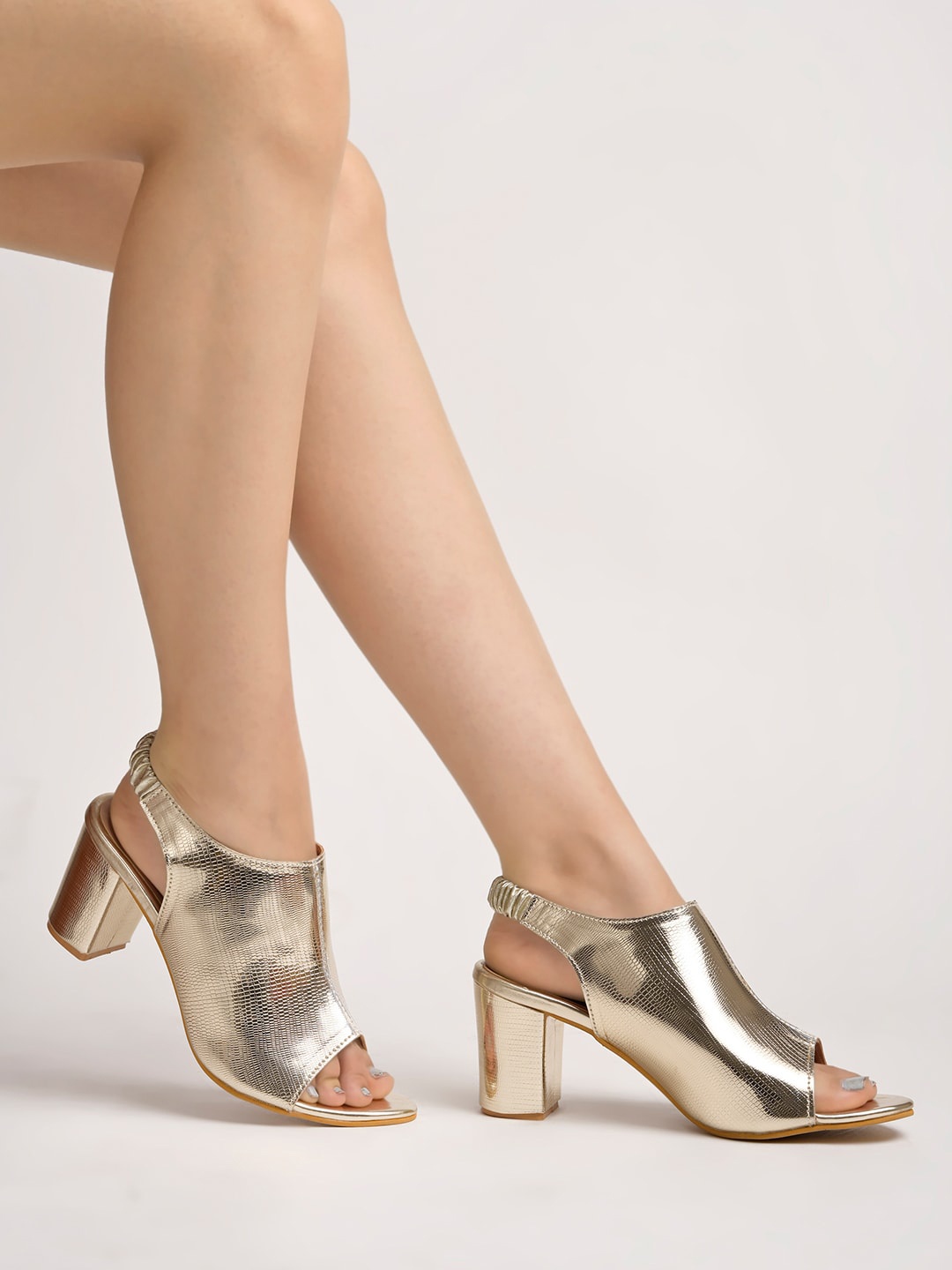 

Shoetopia Textured Block Mules With Backstrap, Gold