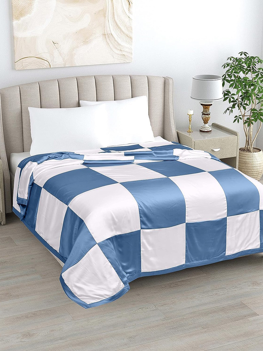 

LINENWALAS Happy Sleeping White & Blue Checked Vegan Silk AC Room 233 GSM Single Bed Dohar