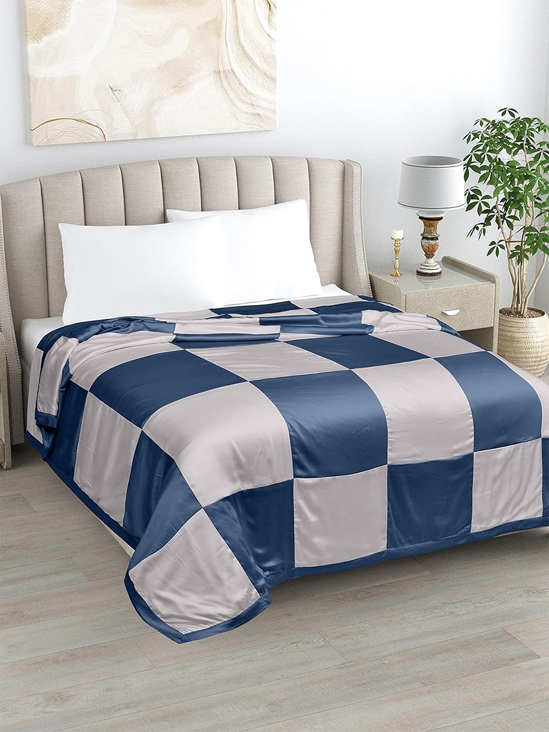 

LINENWALAS Happy Sleeping Silver-Toned Checked AC Room Cotton 300 GSM Double Bed Dohar