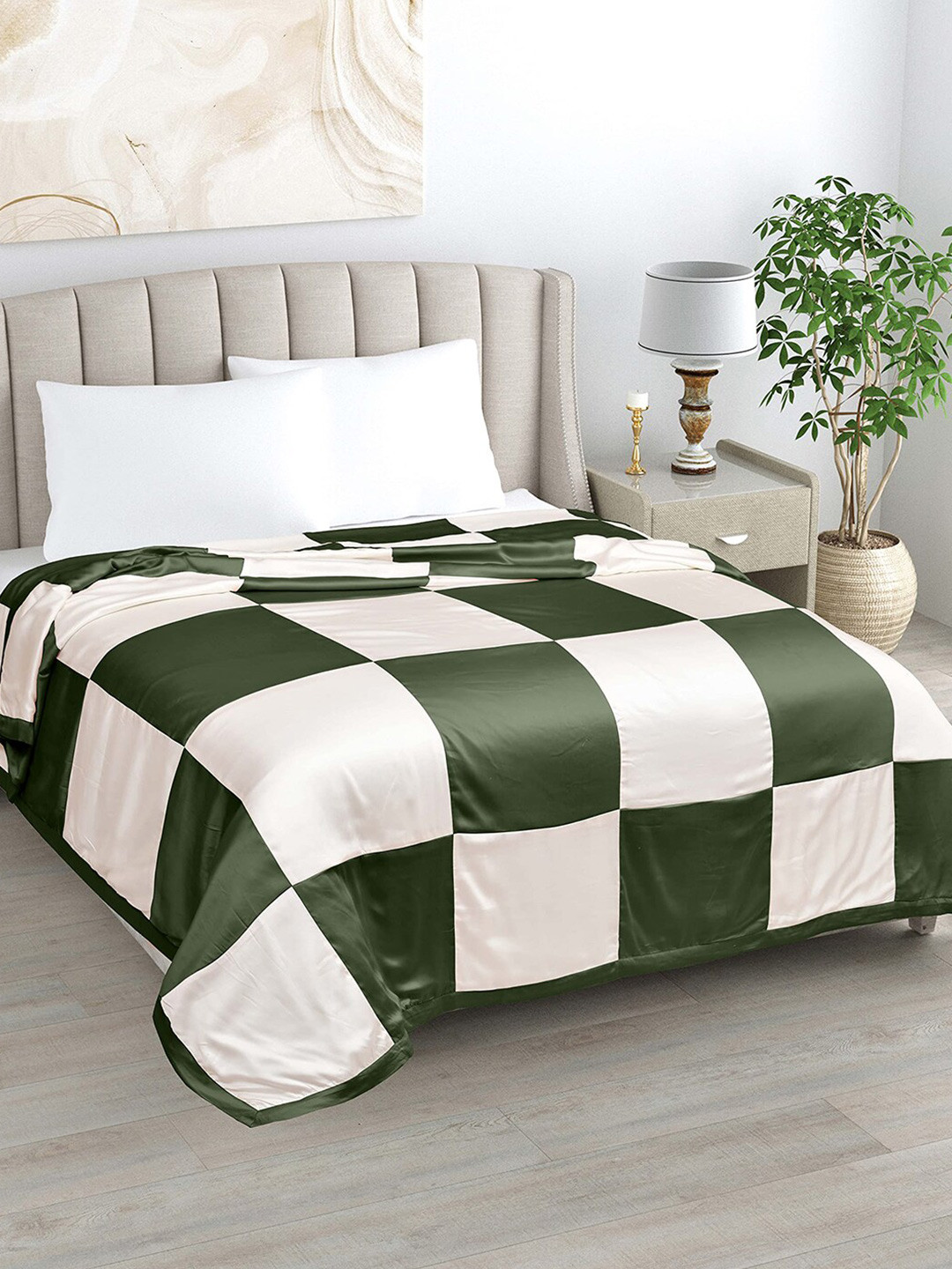 

LINENWALAS Happy Sleeping Green & Off White Checked Cotton AC Room 300GSM Double Bed Dohar