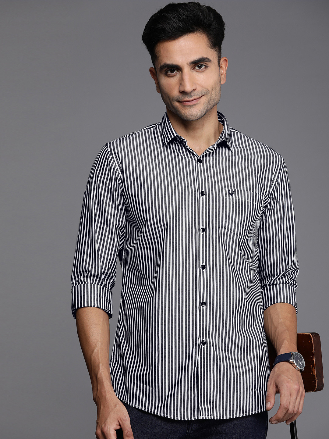 

Allen Solly Classic Fit Striped Pure Cotton Semiformal Shirt, Charcoal