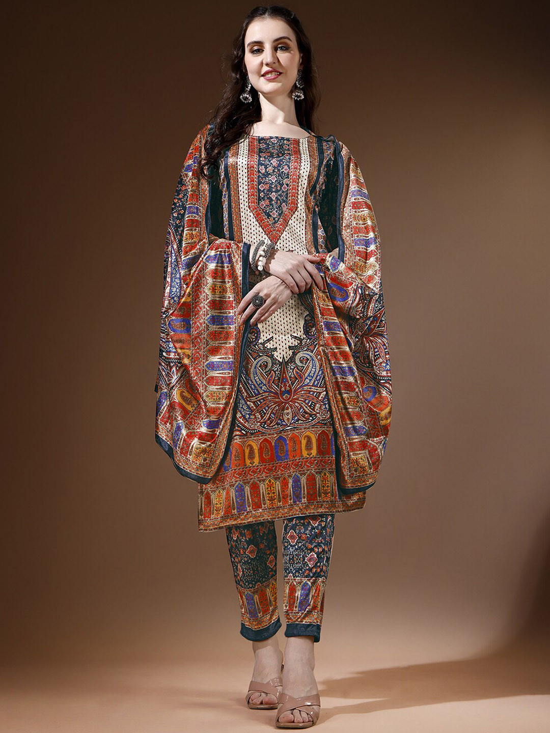 

Ziva Fashion Floral Printed Velvet Kurta & Trousers With Dupatta, Beige