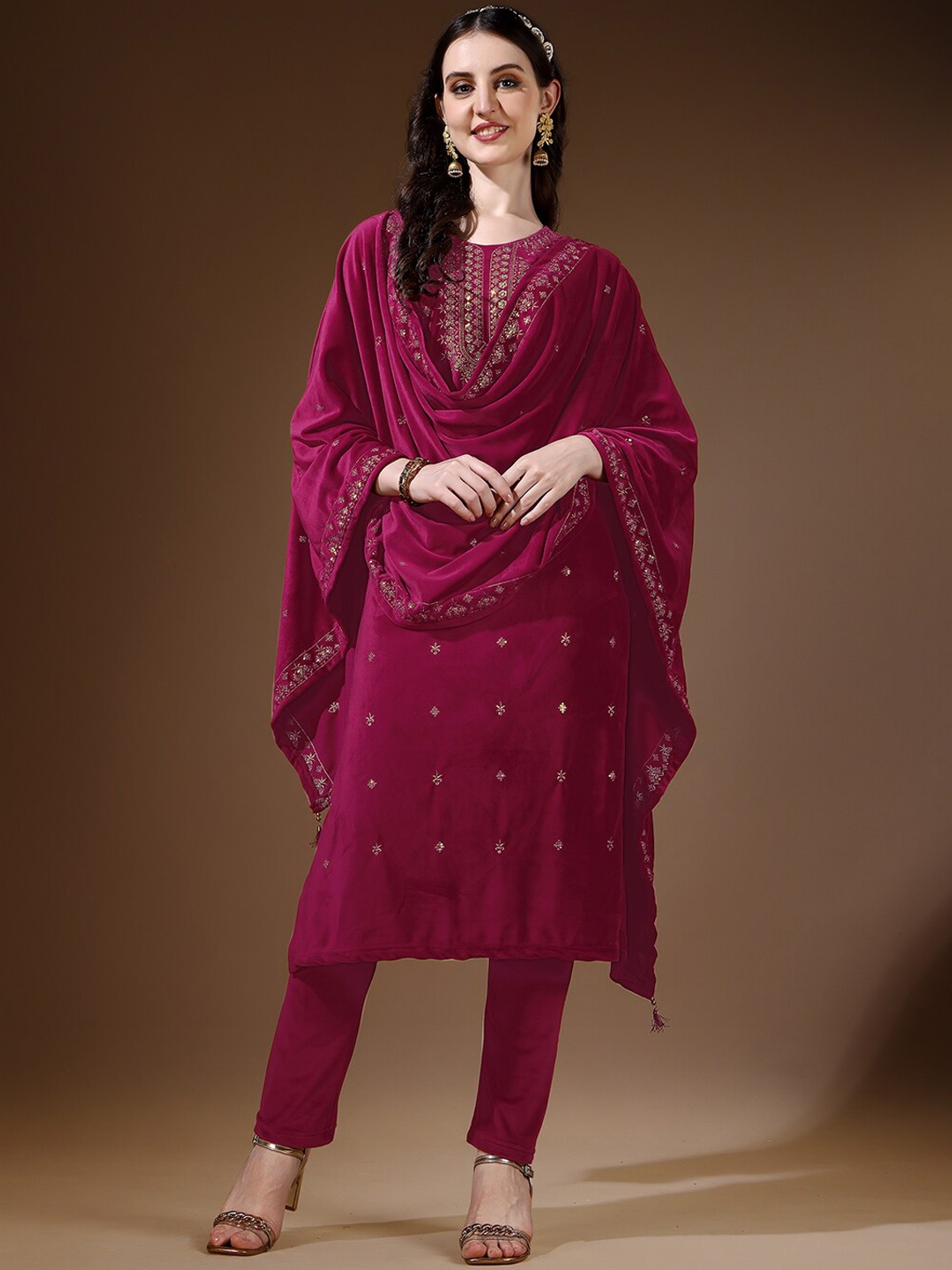 

Ziva Fashion Ethnic Motifs Embroidered Velvet Straight Kurta With Trousers & Dupatta, Pink