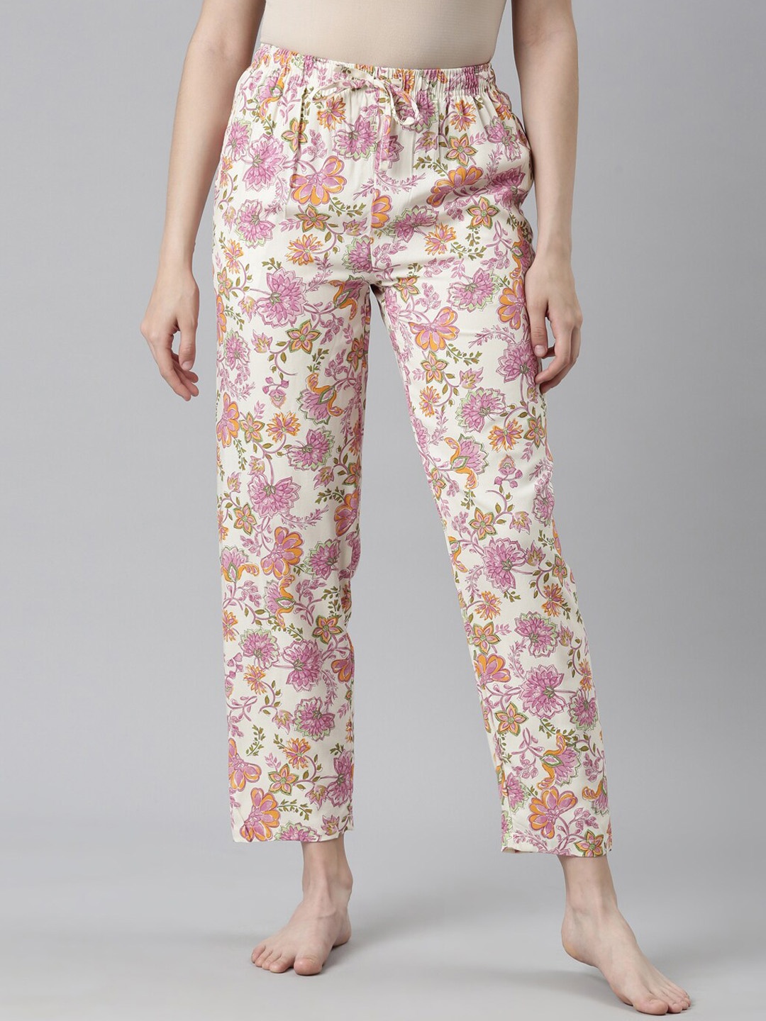 

Go Colors Women Floral Printed Mid Rise Lounge Pants, Off white