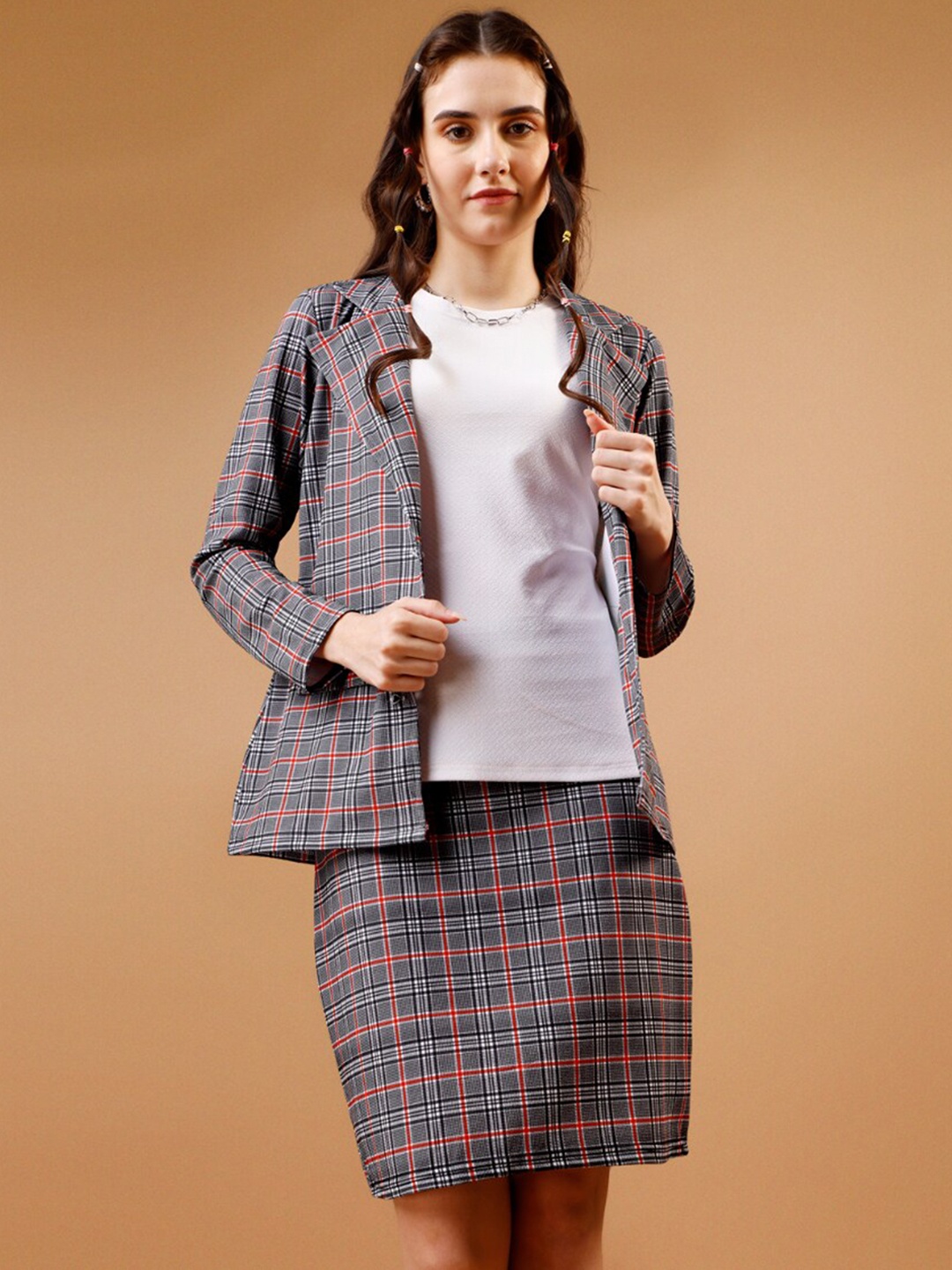 

WESTHOOD Top With Checked Blazer & Mini Skirt, Grey