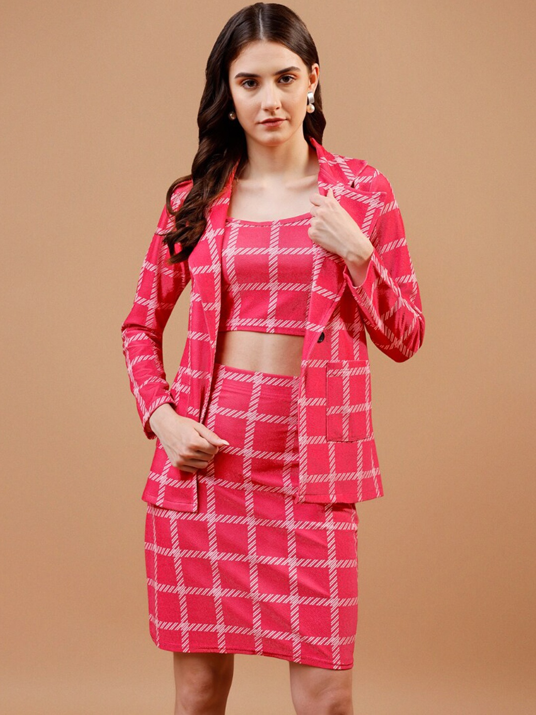 

WESTHOOD Checked Top & Blazer With Skirt, Pink