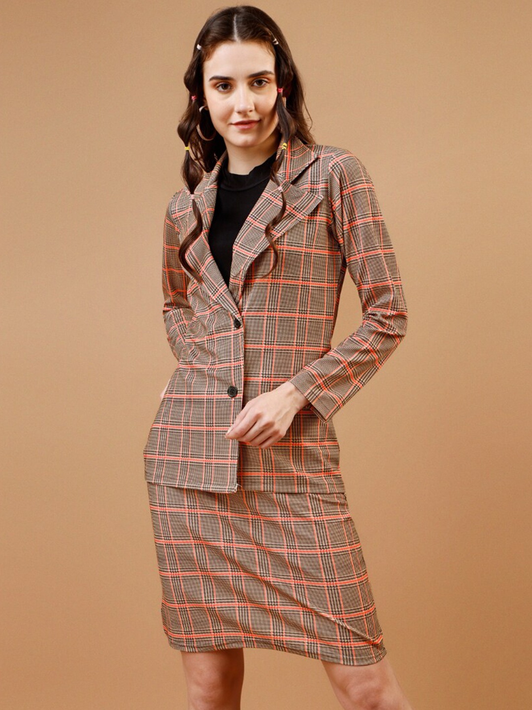 

WESTHOOD Checked Formal Blazer With Skirt, Peach