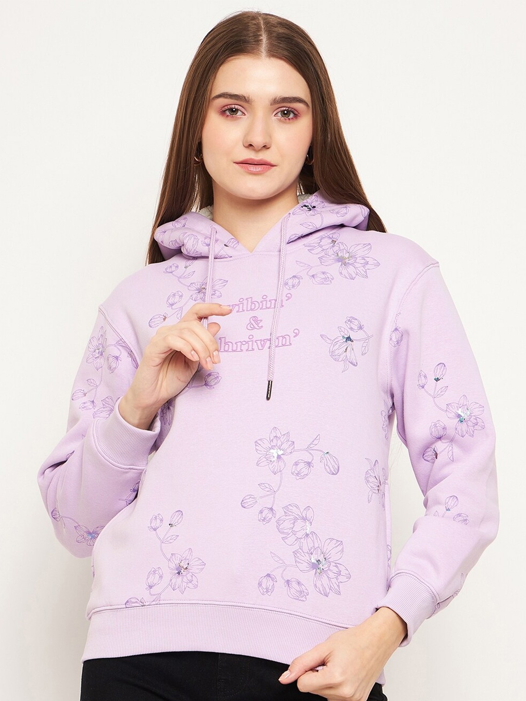 

Madame Floral Printed Hooded Cotton Sweatshirt, Purple