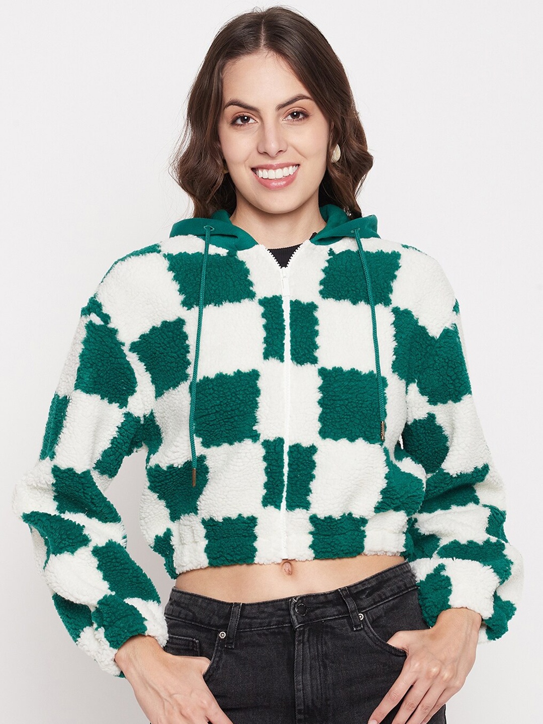 

Madame Checked Hooded Pure Cotton Crop Front-Open Sweatshirt, Green