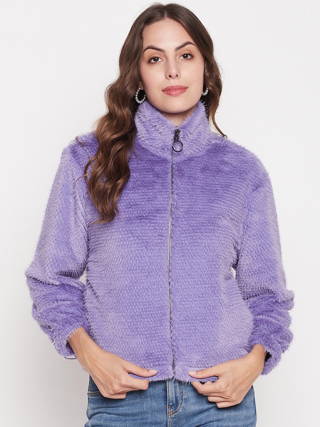 

Madame Mock Collar Pure Cotton Front-Open Sweatshirt, Purple