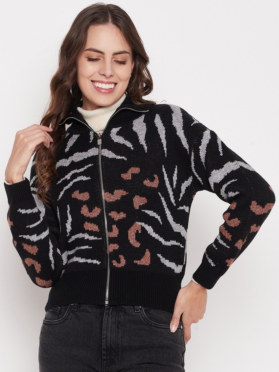 

Madame Abstract Printed Front-Open Sweater, Black