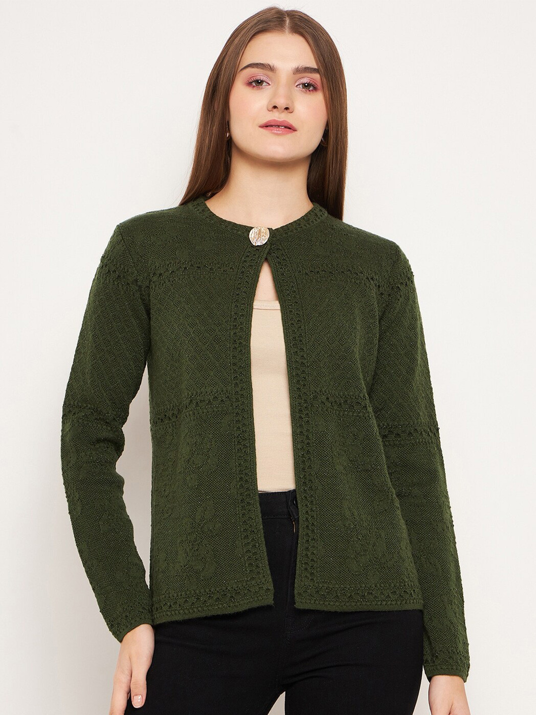 

Madame Self Design Round Neck Cardigan, Olive