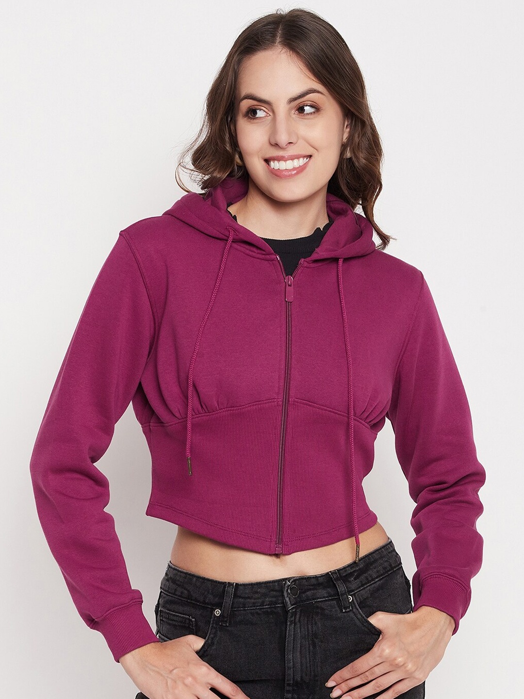 

Madame Hooded Pure Cotton Crop Front-Open Sweatshirt, Purple