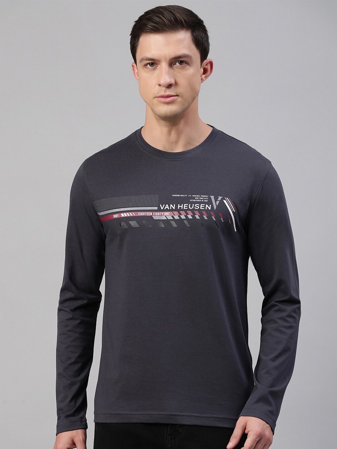 

Van Heusen Typography Printed Round Neck Long Sleeves Cotton T-shirt, Grey