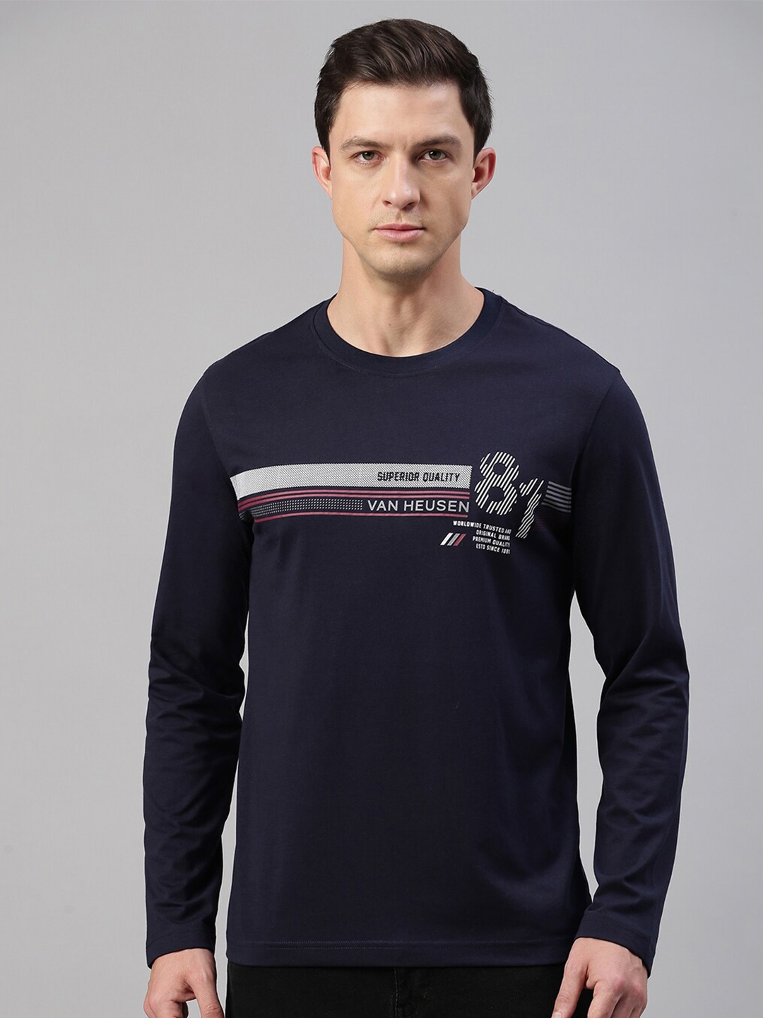 

Van Heusen Typography Printed Round Neck Cotton T-shirt, Navy blue