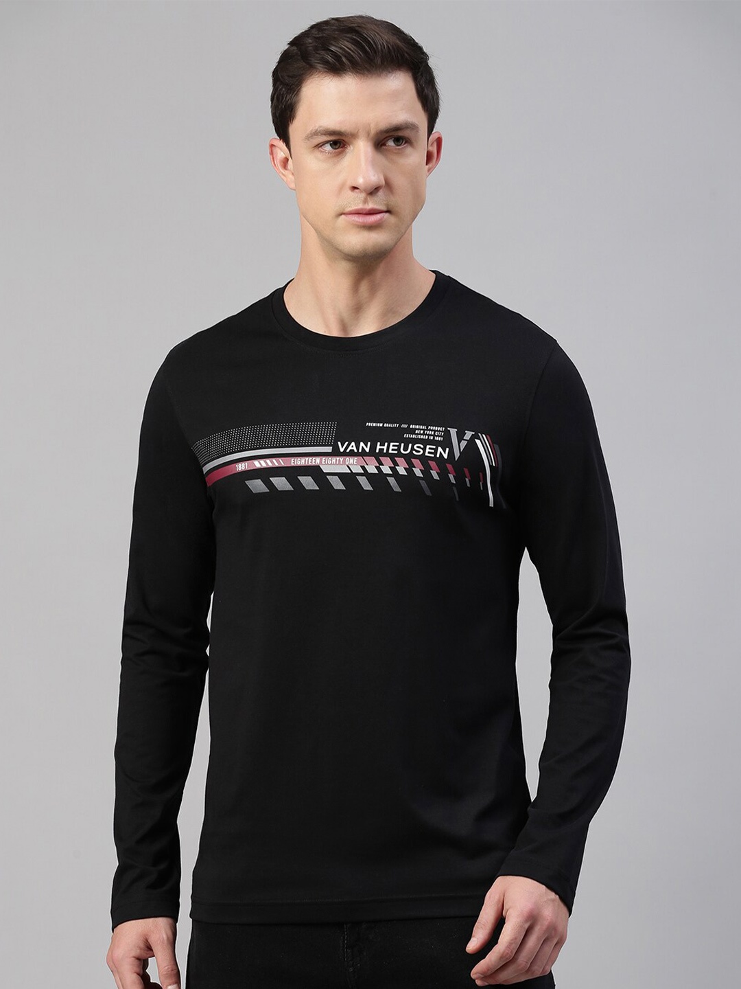 

Van Heusen Typography Printed Round Neck Long Sleeves Cotton T-shirt, Black