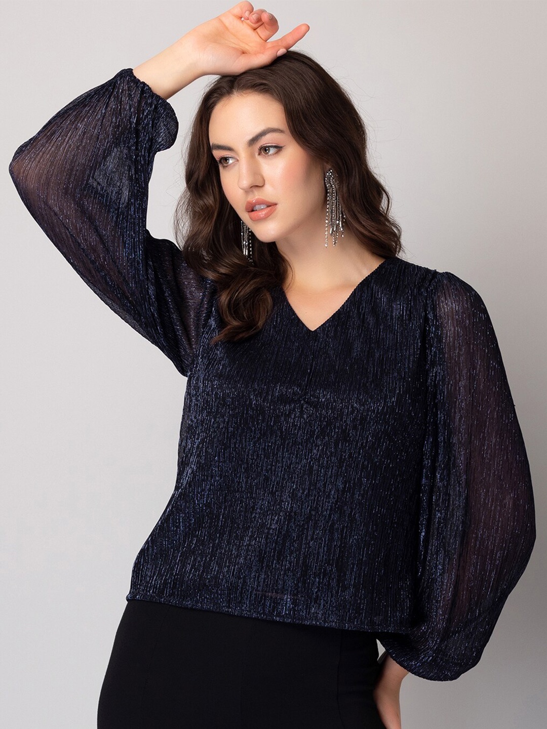 

FabAlley Black Self Design V-Neck Cuffed Sleeves Top