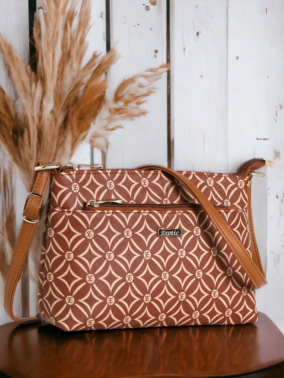 

Exotic Small Structured Sling Bag, Tan