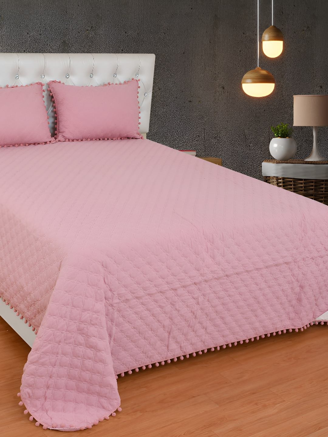 

BREVARD Pink Self-Design Double Queen Bed Cover With 2 Pillow Covers