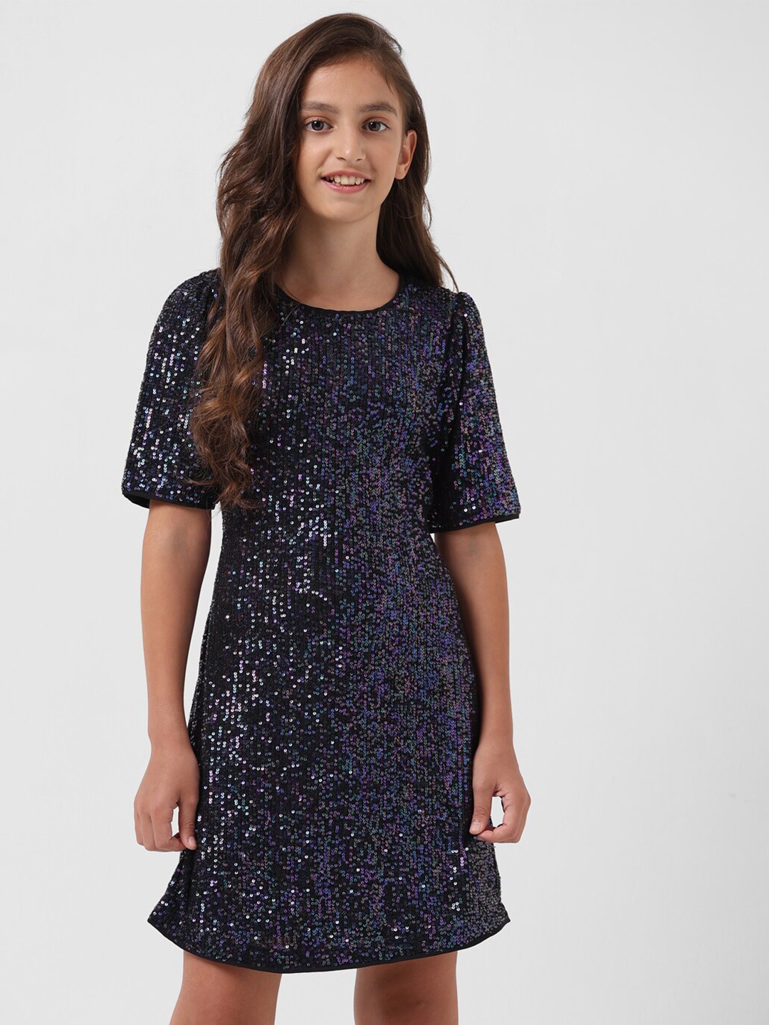 

Vero Moda Girls Embellished Sequined A-Line Dress, Black