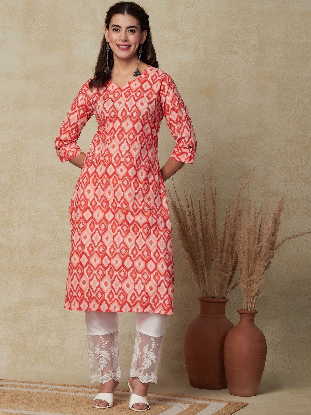 

FASHOR Ethnic Motifs Printed Roll Up Sleeves Straight Cotton Kurta, Peach