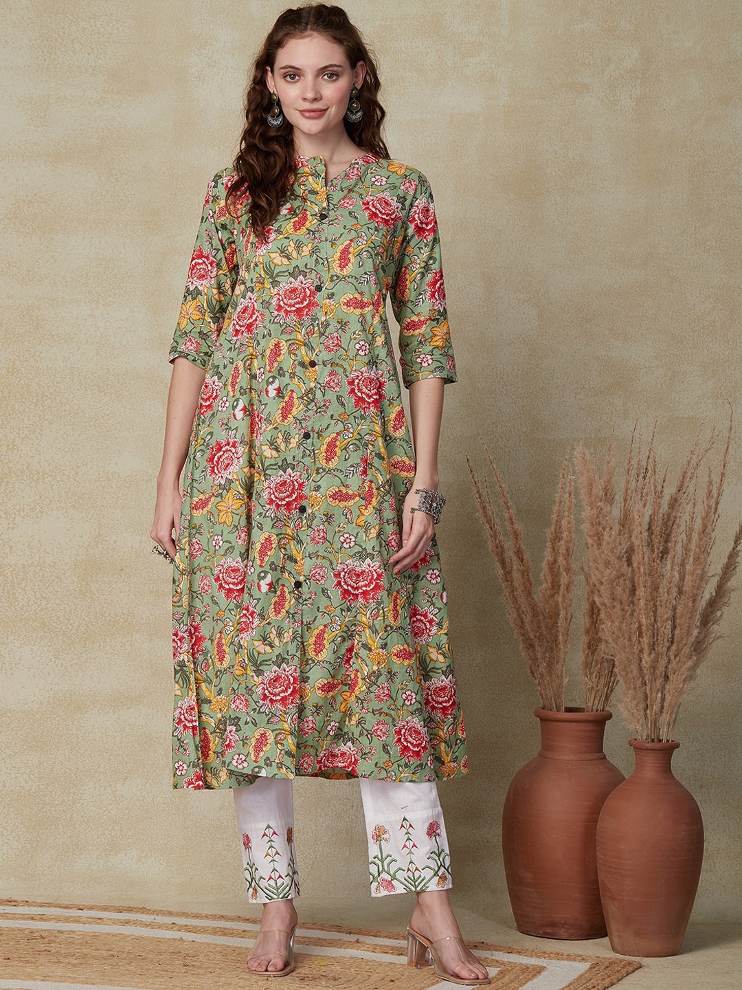

FASHOR Green Floral Printed Mandarin Collar Pure Cotton Kurta