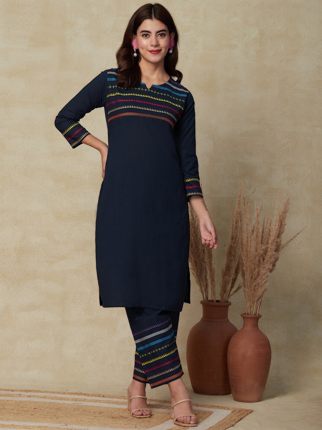 

FASHOR Navy Blue Ethnic Motifs Yoke Design Pure Cotton Straight Kurta With Trouser