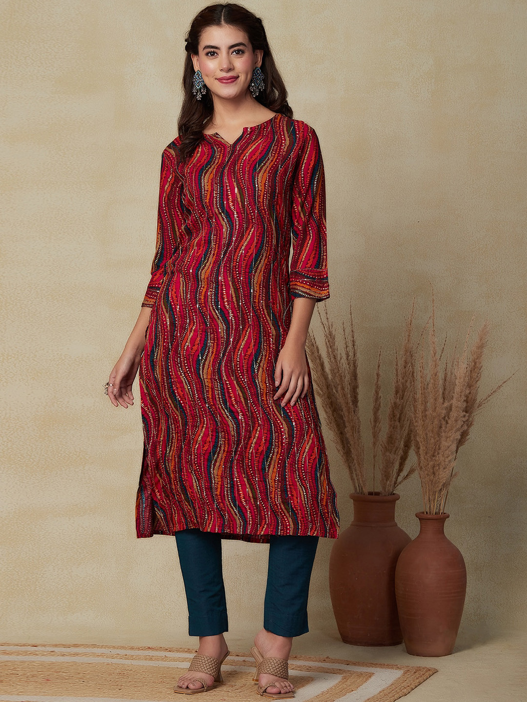 

FASHOR Embroidered Striped Thread Work Straight Kurta, Maroon