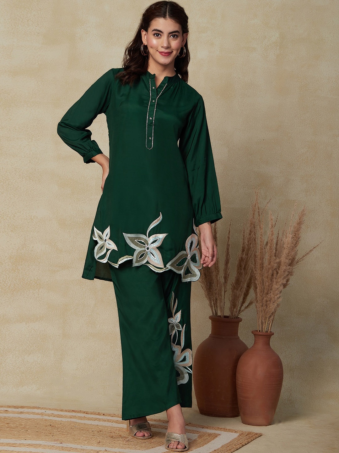 

FASHOR Green Floral Embroidered Sequinned A-Line Kurta With Palazzos