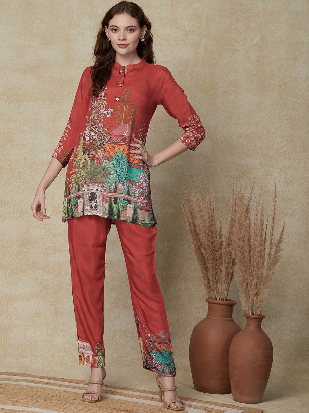 

FASHOR Printed Mandarin Collar Tunic With Trouser, Orange