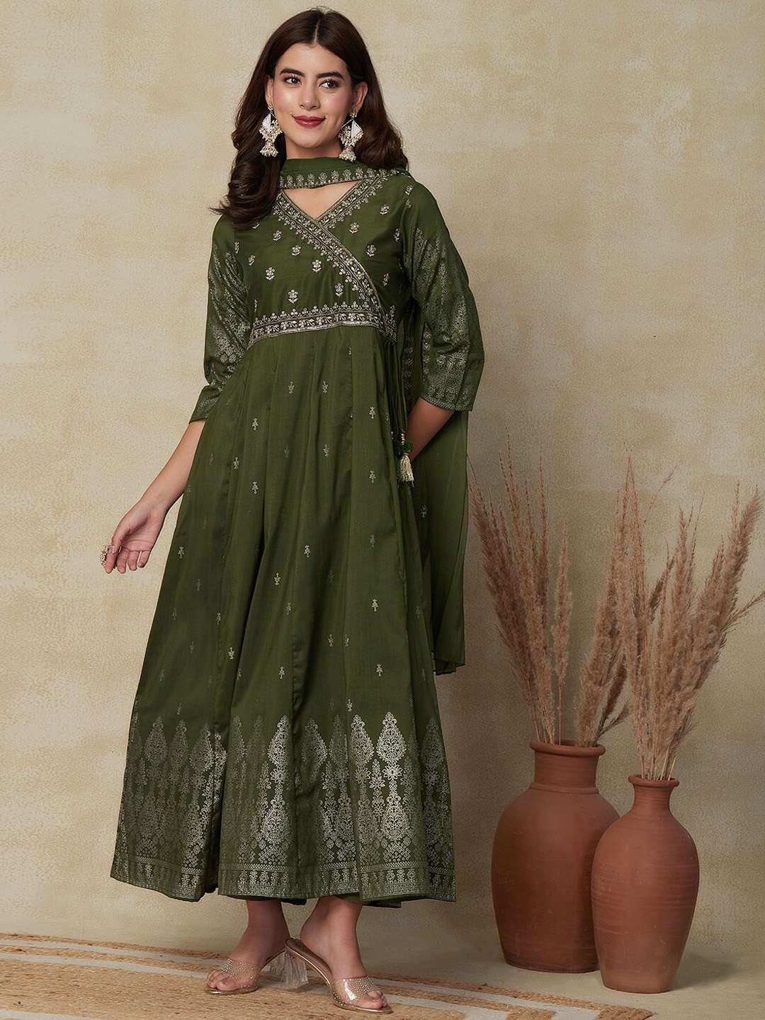 

FASHOR Green Yoke Design Embroidered Angrakha Anarkali Kurta with Trousers & Dupatta