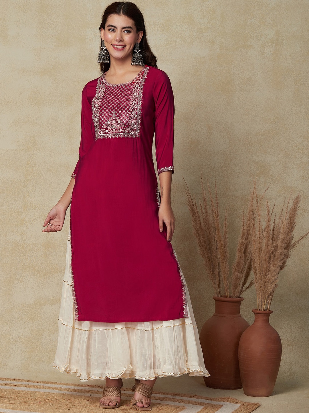 

FASHOR Red Embellished Yoke Design Straight Mirror Work Sequins Kurta