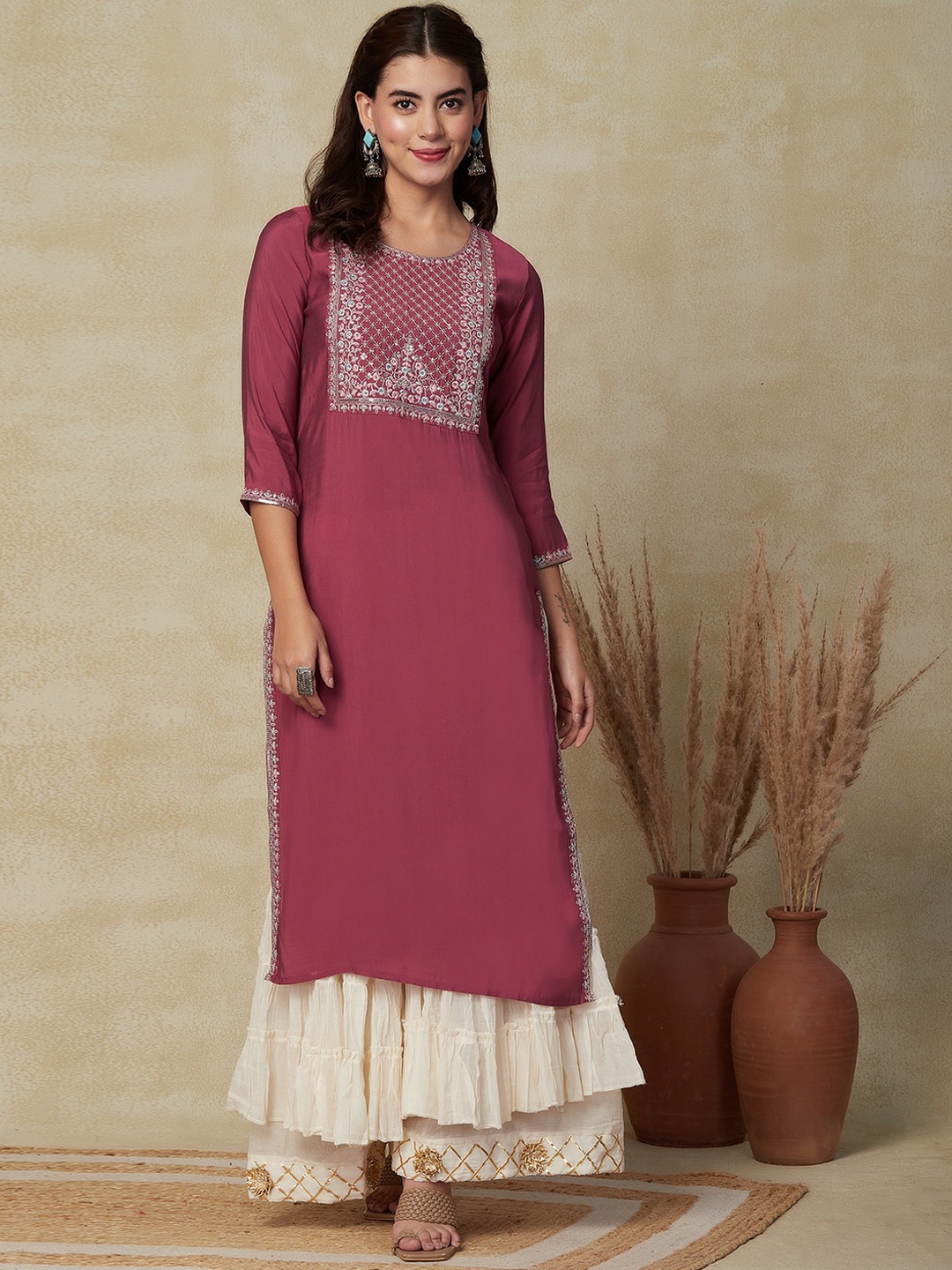 

FASHOR Rose Embellished Yoke Design Straight Mirror Work Sequins Kurta