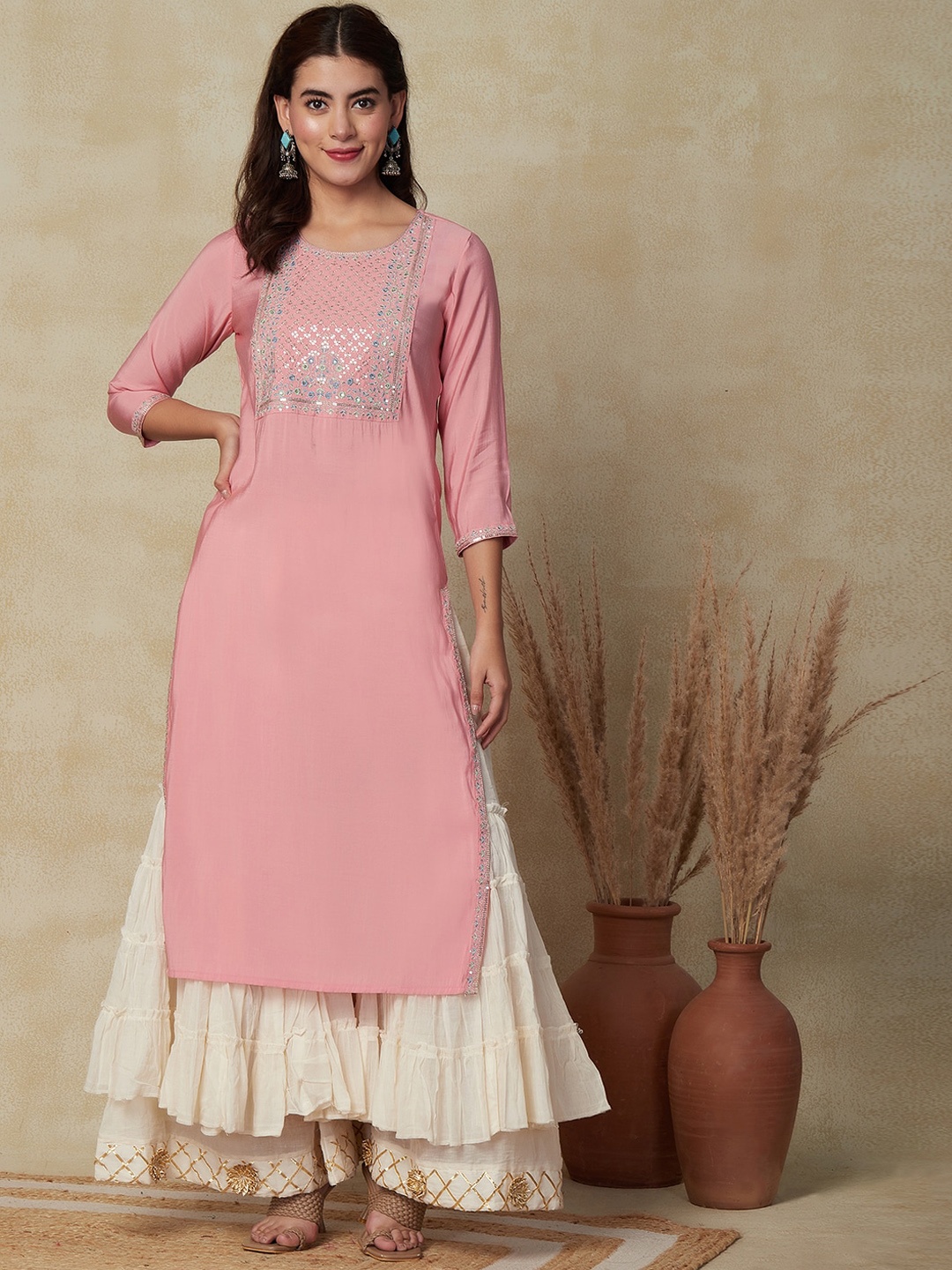 

FASHOR Peach Embellished Yoke Design Straight Mirror Work Sequins Kurta