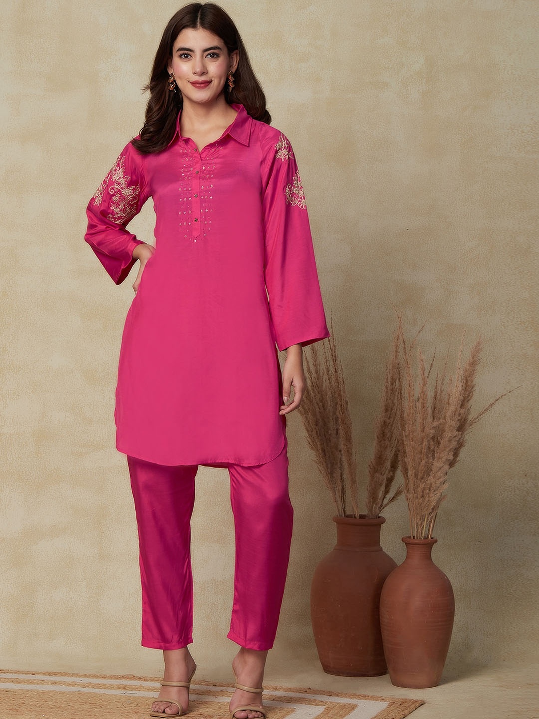 

FASHOR Pink Embroidered Straight Kurta with Trousers