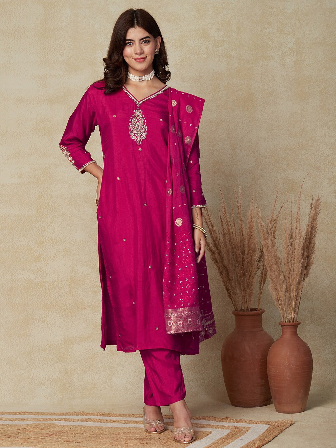 

FASHOR Pink Ethnic Motifs Embroidered Regular Kurta with Trousers & Dupatta