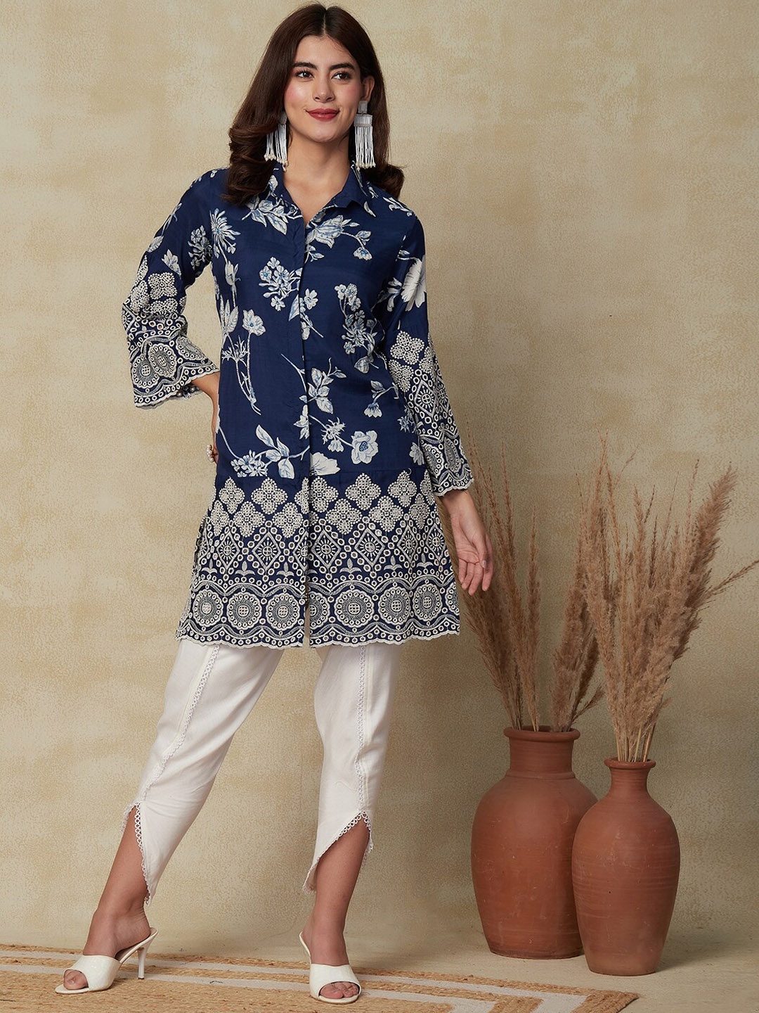 

FASHOR Floral Printed Thread Work Kurta with Dhoti Pants, Blue