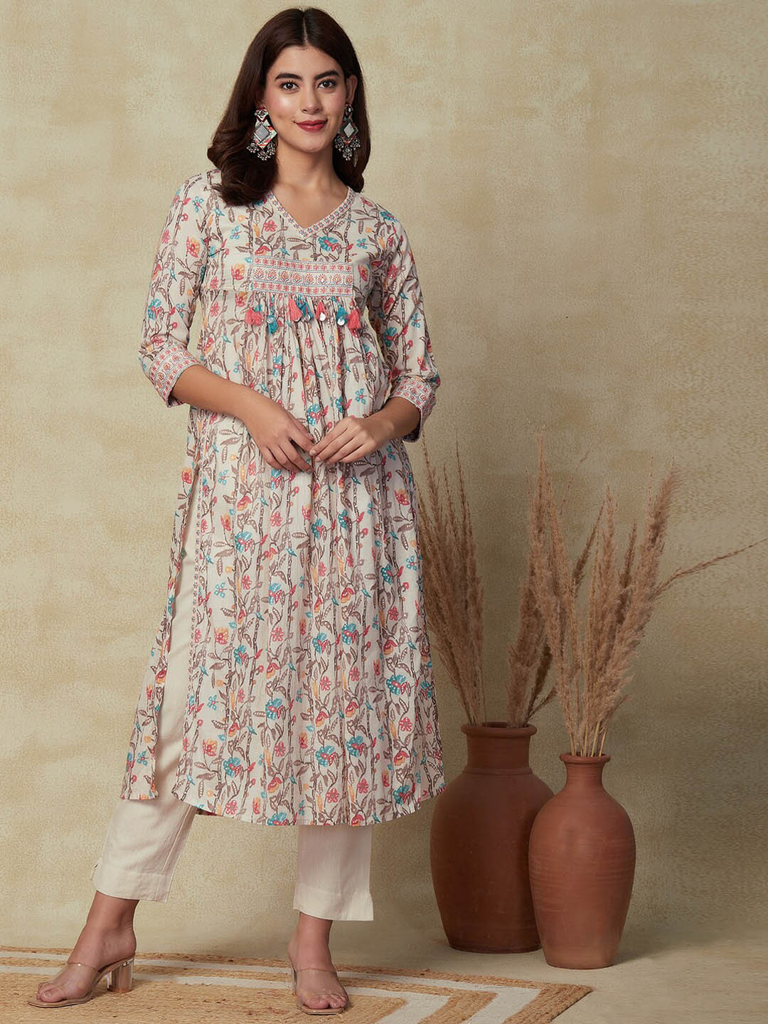 

FASHOR Off White Floral Printed Pleated Mirror Work Pure Cotton Kurta With Trousers