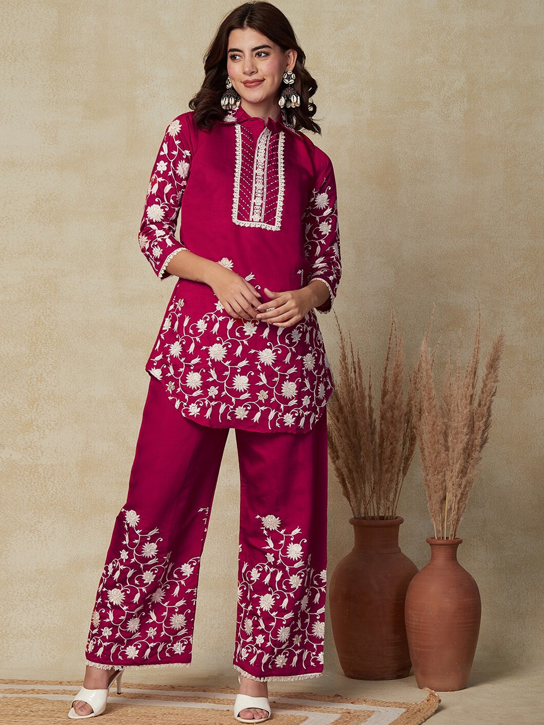 

FASHOR Magenta Floral Embroidered Thread Work A-Line Kurta With Palazzos