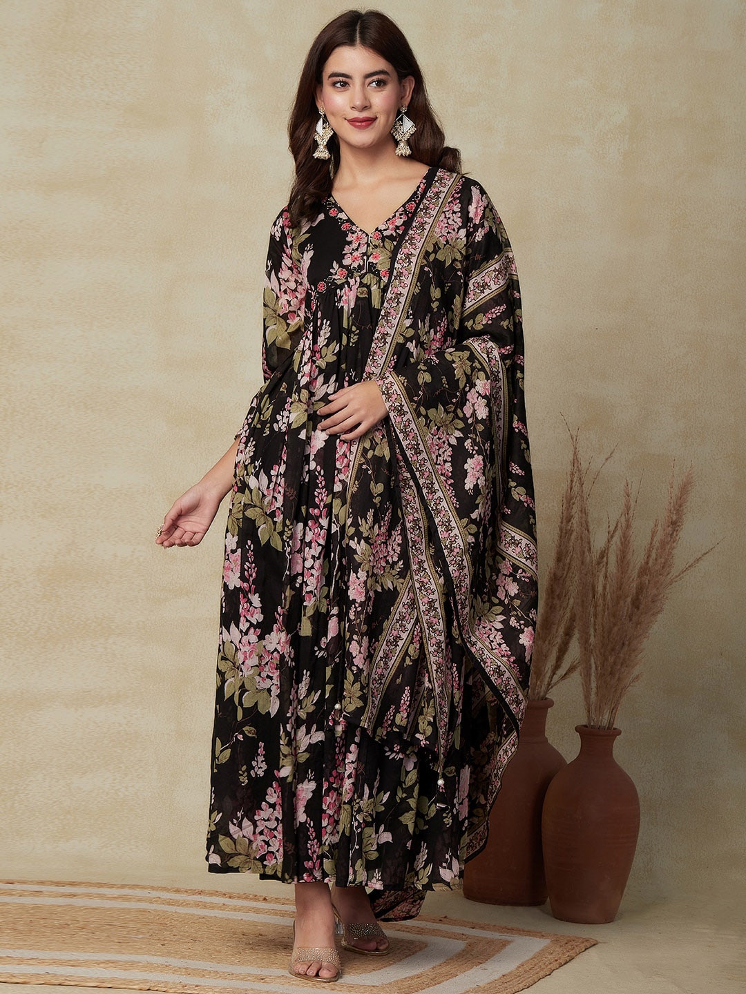 

FASHOR Black Floral Printed Pleated Beads And Stones Pure Cotton Kurta Set