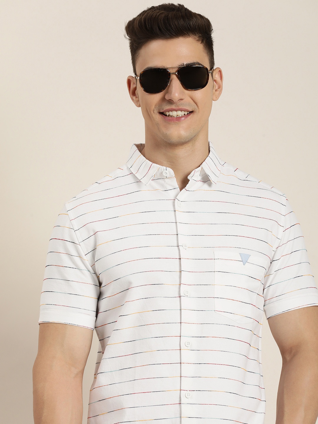 

HERE&NOW Men Slim Fit Horizontal Stripes Casual Shirt, White