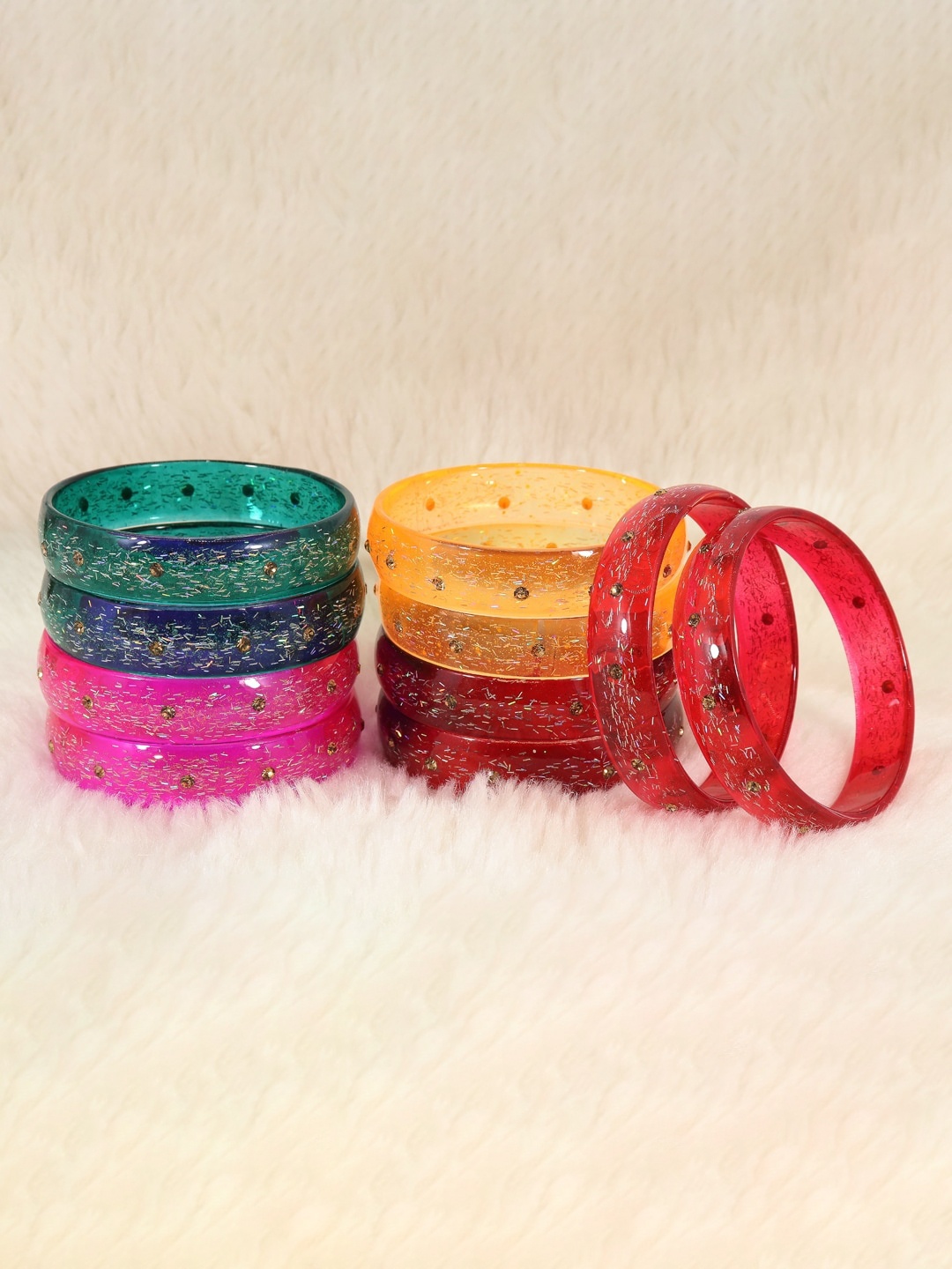 

NMII Set Of 10 Glitter & Feather Printed Glass Bangles, Red