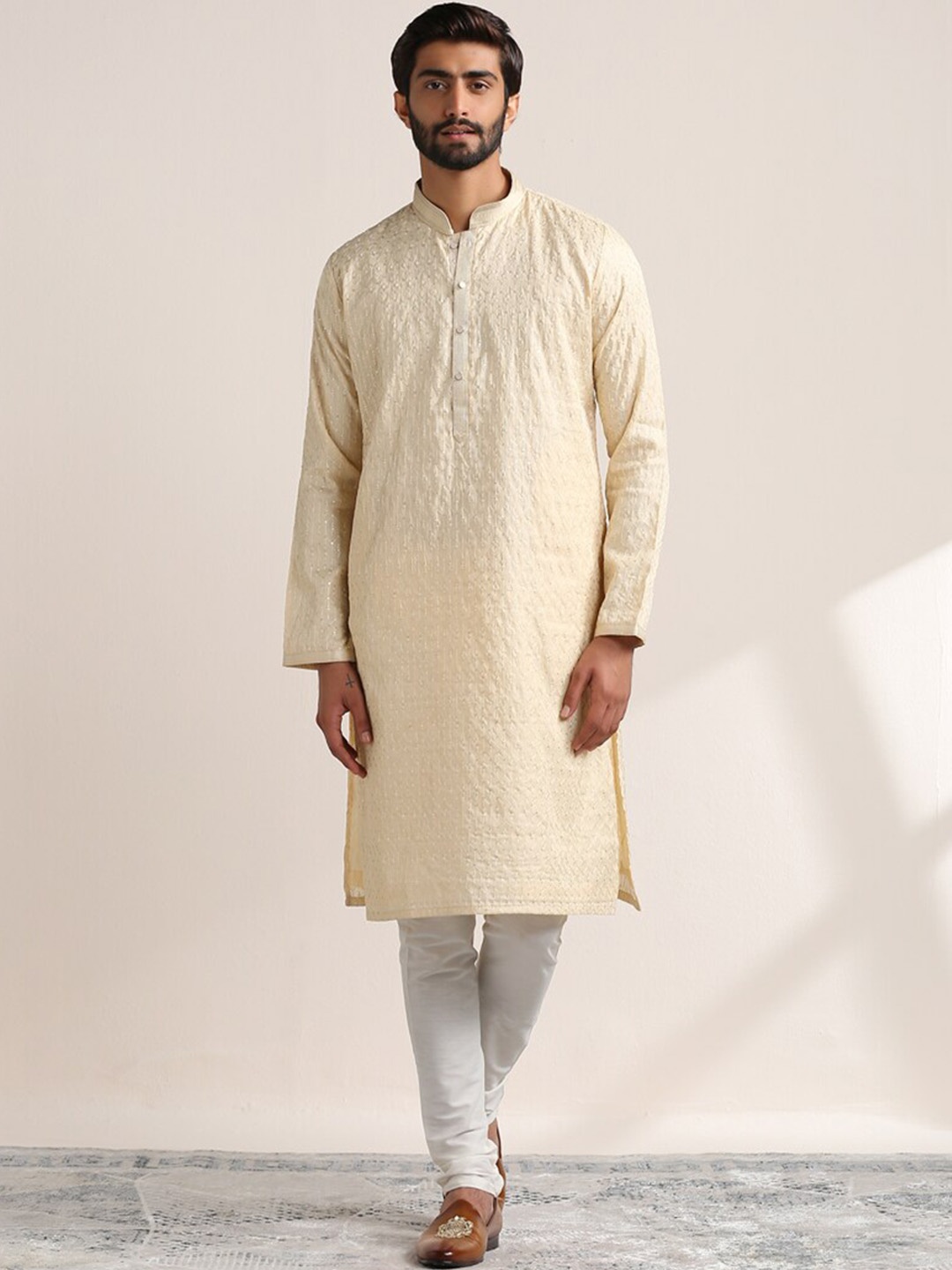 

Twamev Ethnic Motif Embroidered Regular Straight Kurta with Churidar, Beige