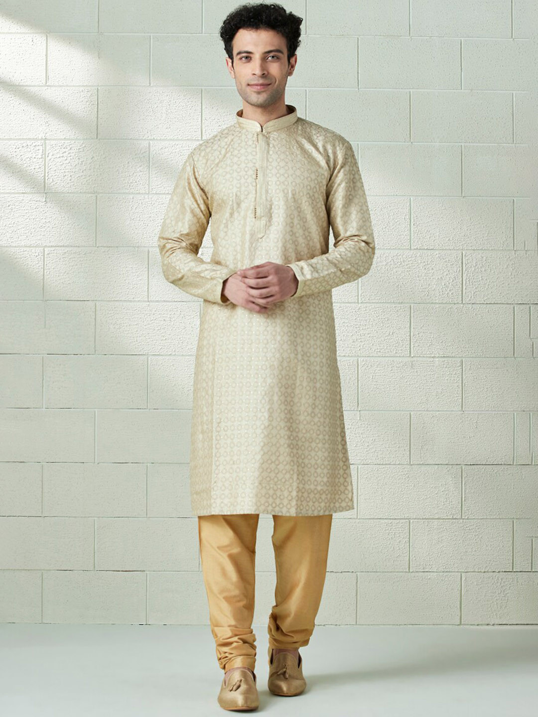 

Twamev Embroidered Yoke Design Mandarin Collar Regular Kurta With Churidar, Beige