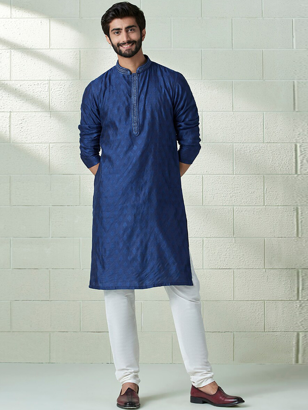 

Twamev Ethnic Motifs Woven Design Mandarin Collar Thread Work Straight Kurta With Churidar, Navy blue