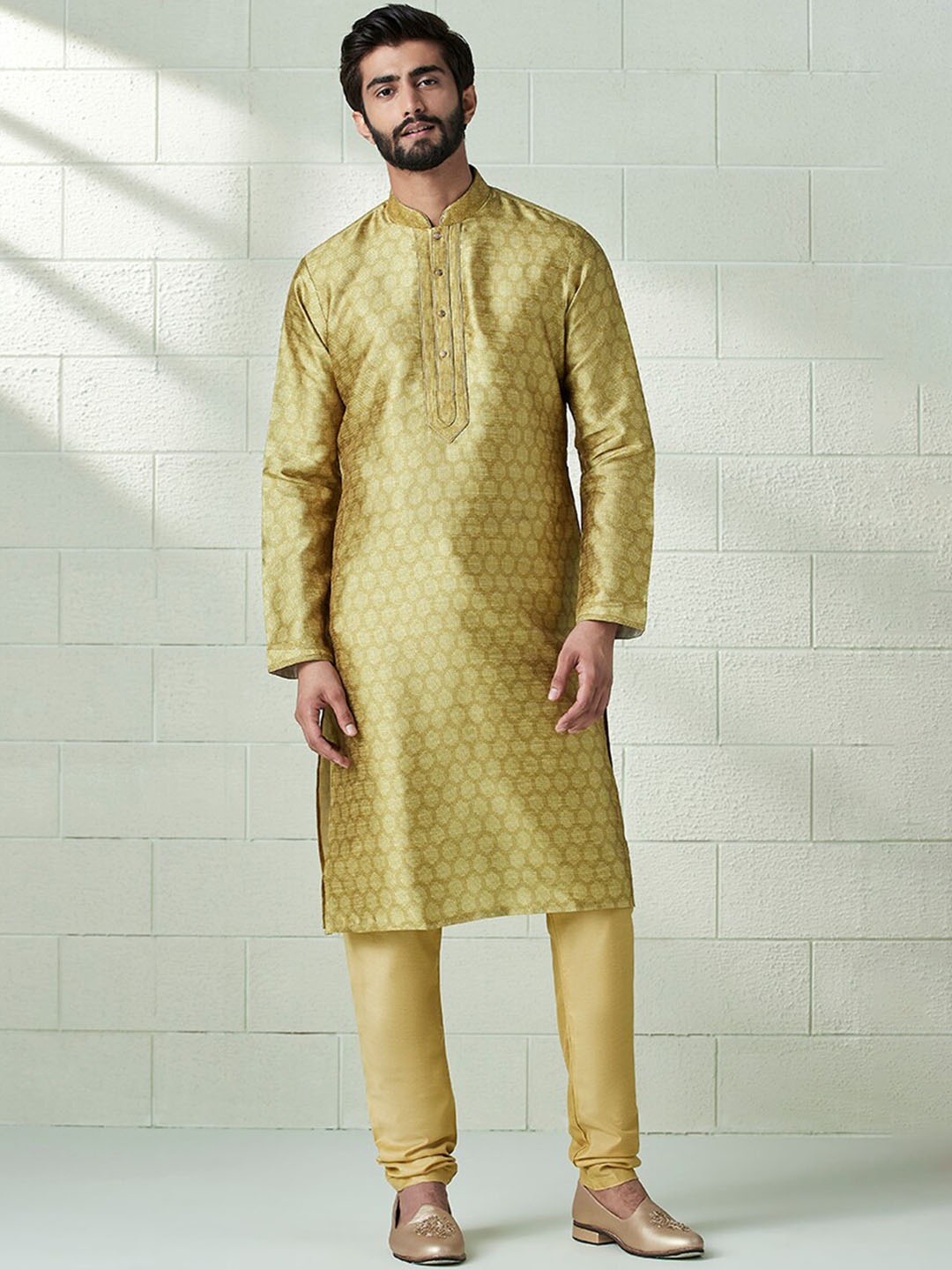 

Twamev Geometric Woven Design Mandarin Collar Long Sleeves Regular Kurta with Churidar, Mustard